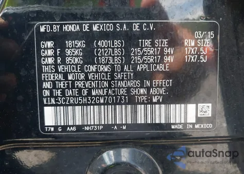 2016 Honda Hr-V Lx from USA, damaged, VIN 3CZRU5H32GM701731